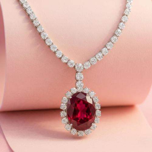 Oval Ruby Diamond Halo Pendant